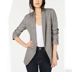 Bar III Open Front Plaid Blazer Women’s Lined Black White Shawl Collar Size M